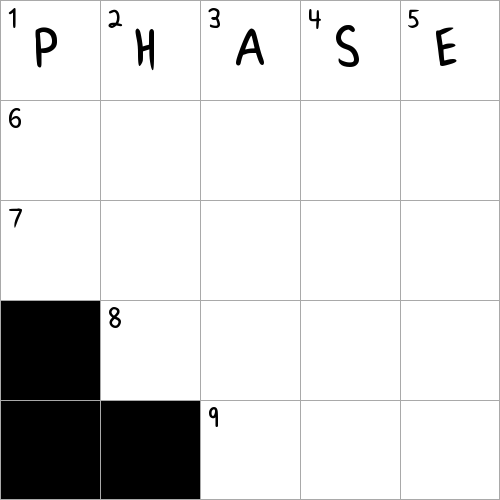 Moon stage, like 8-Across or 2-Down